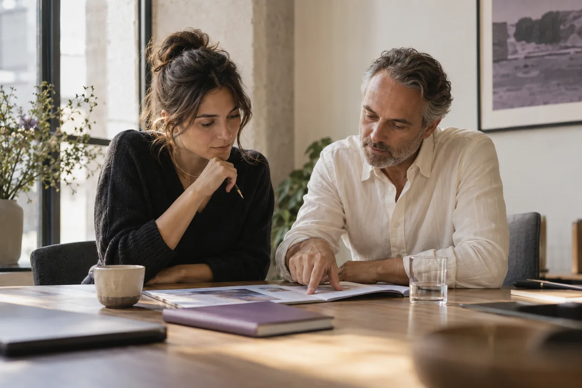 A founder and adviser reviewing a business document together