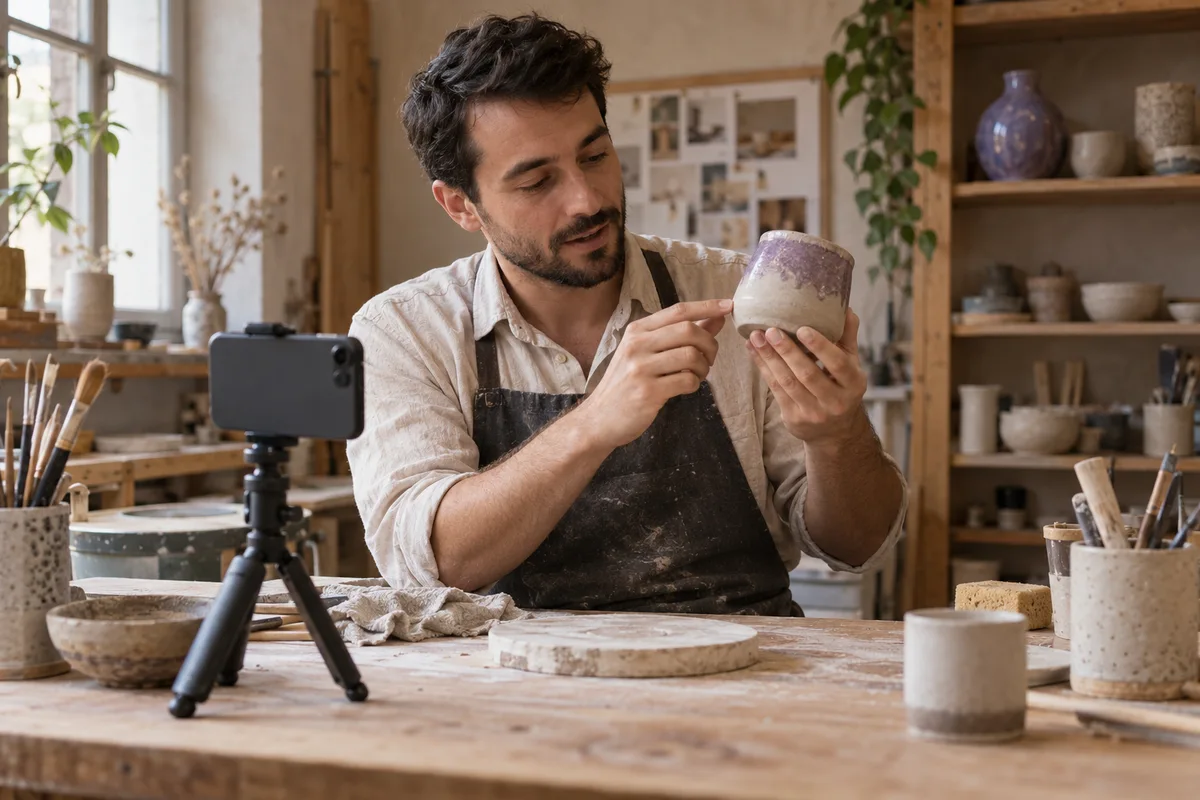 An independent ceramics creator recording a first-hand product demonstration